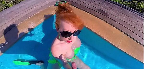  Horny redhead MILF fucks herself in the pool, until cock arrives!
